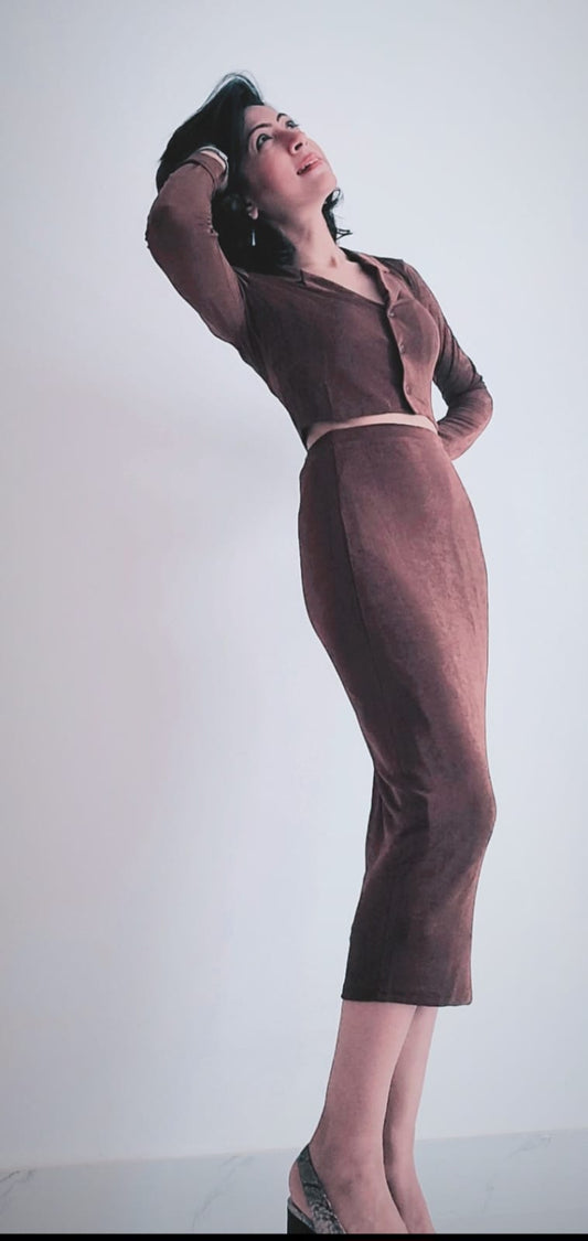 Forever 21 Brown Long-Sleeve Crop Top & Midi Skirt Set