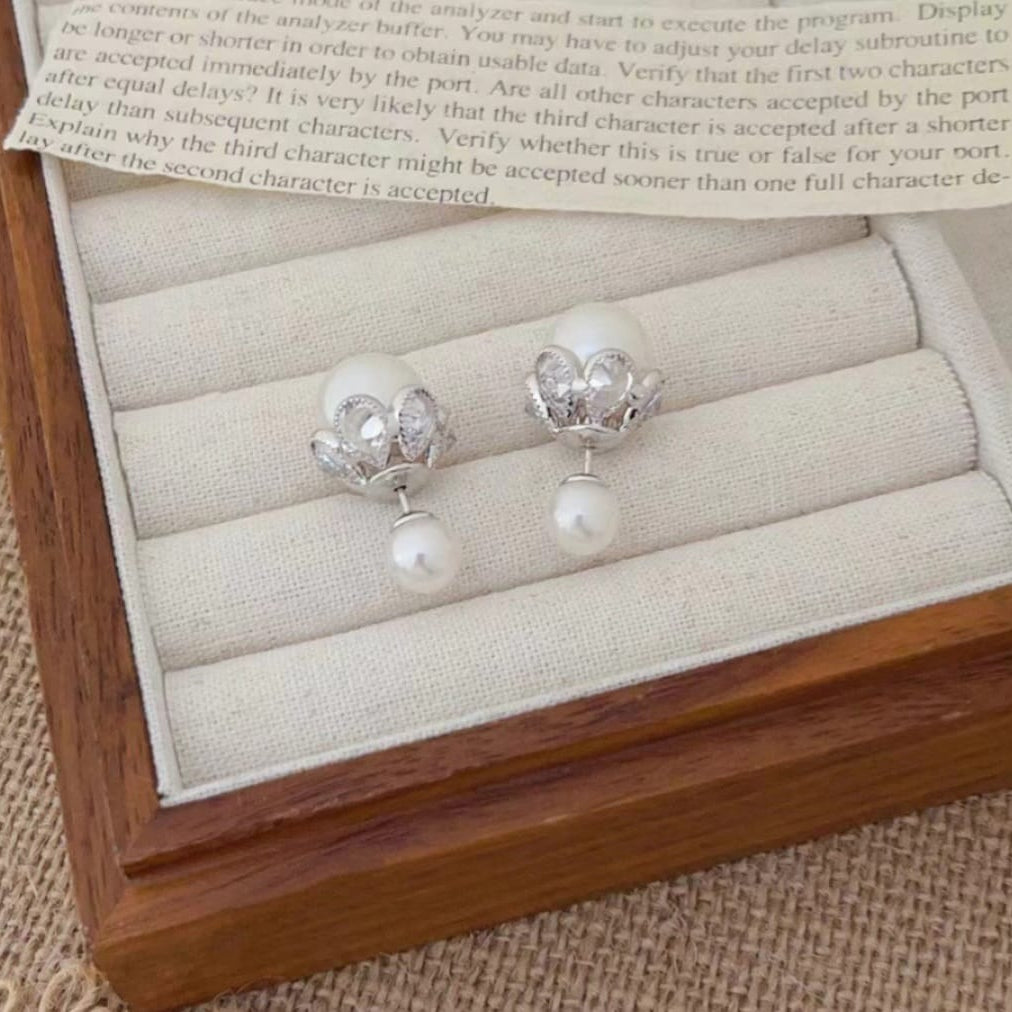 Fine Work Crystal Petal & Double Pearl Drop Earrings | Multi-Wear Elegance