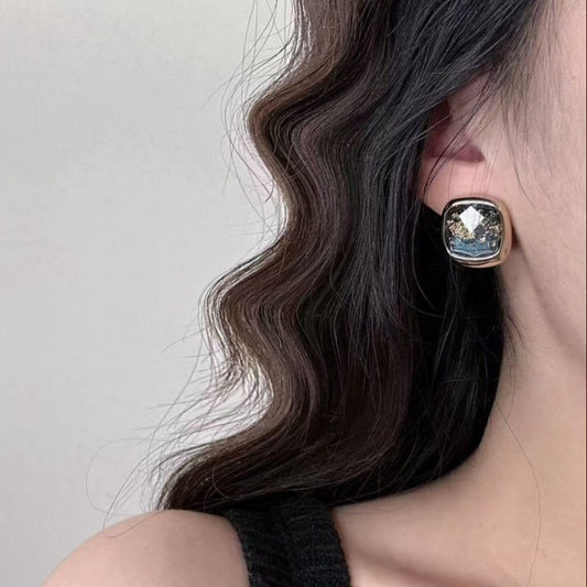 Cosmic Blue & Gold Flake Square Stud Earrings