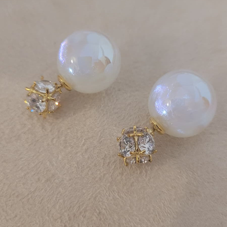 Iridescent Pearl & Gold Pave Crystal Cluster Double Studs | Multi-Wear