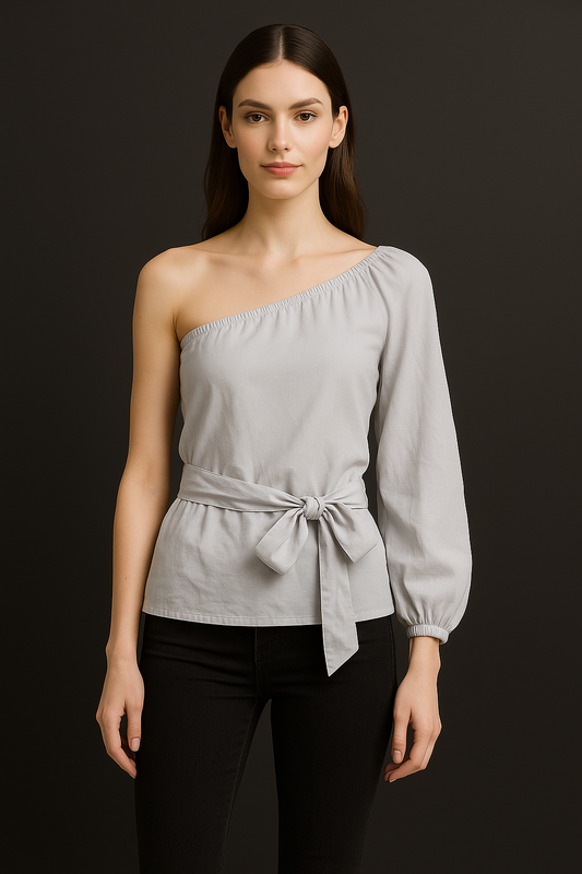 Ann Taylor One-Shoulder Belted Blouse – Light Grey