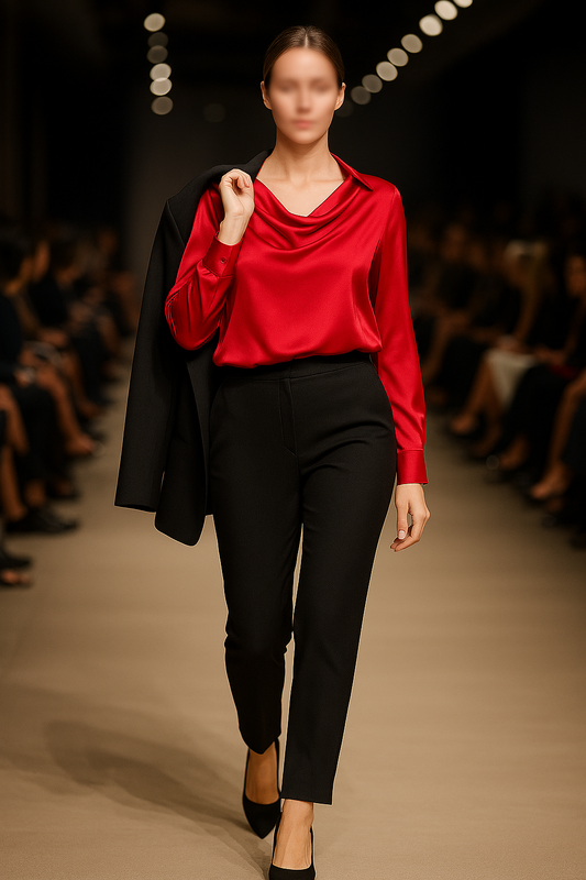 Ann Taylor-Red Satin Draped Neck Blouse