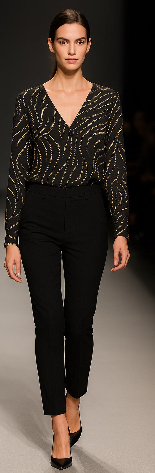 Ann Taylor Black & Gold V-Neck Button Blouse