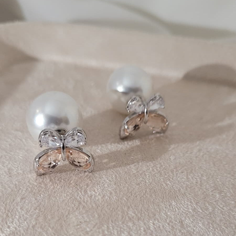 Crystal Butterfly & Luminous Pearl Double-Sided Studs | Multi-Wear Elegance