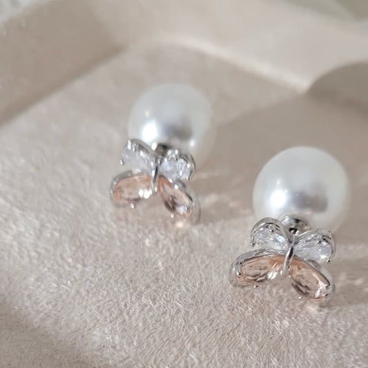 Crystal Butterfly & Luminous Pearl Double-Sided Studs | Multi-Wear Elegance