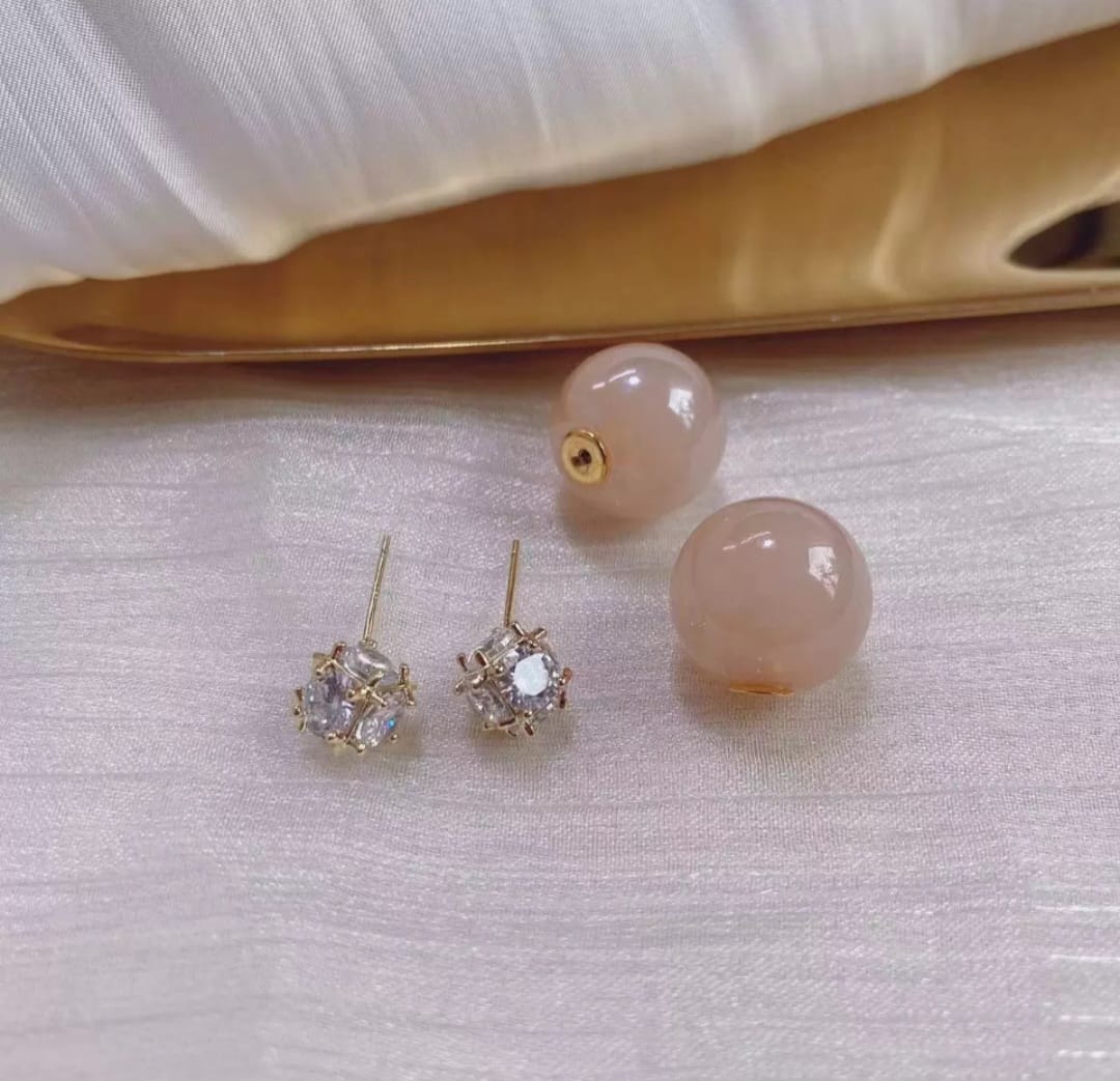 Premium Pave Crystal & Peach Sphere Double-Sided Studs | Multi-Wear Versatility