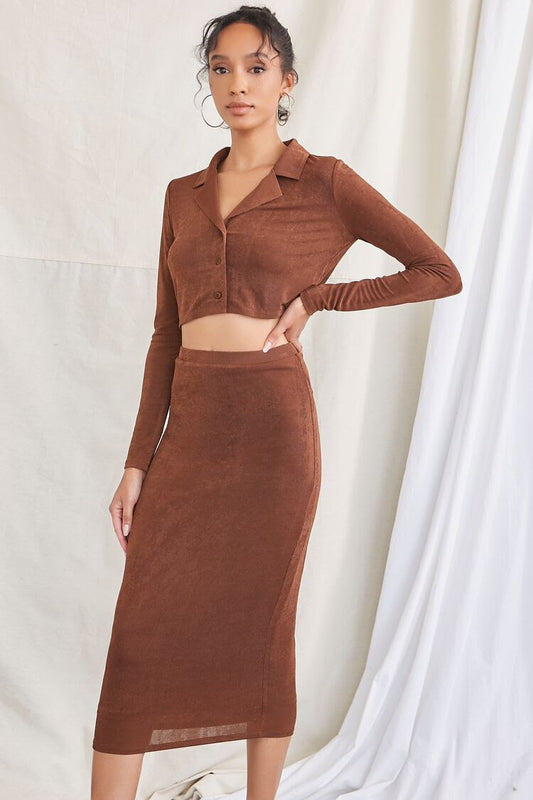 Forever 21 Brown Long-Sleeve Crop Top & Midi Skirt Set