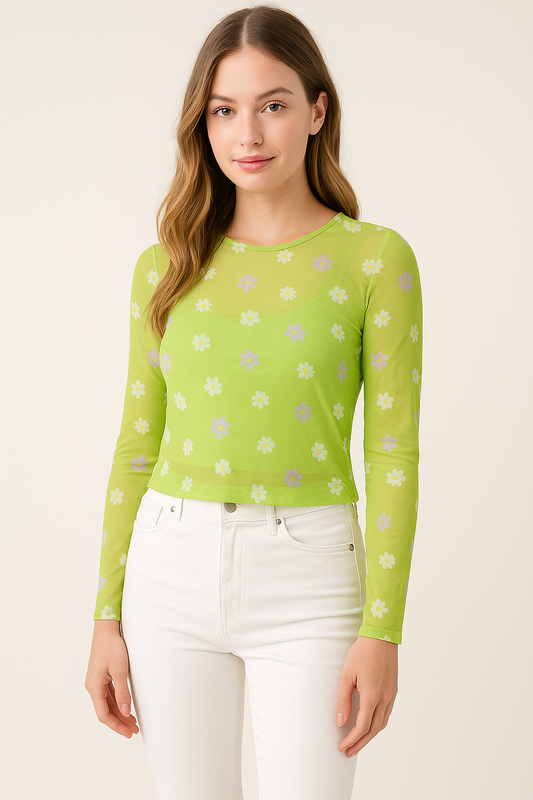 Forever 21 Floral Mesh Long Sleeve Top