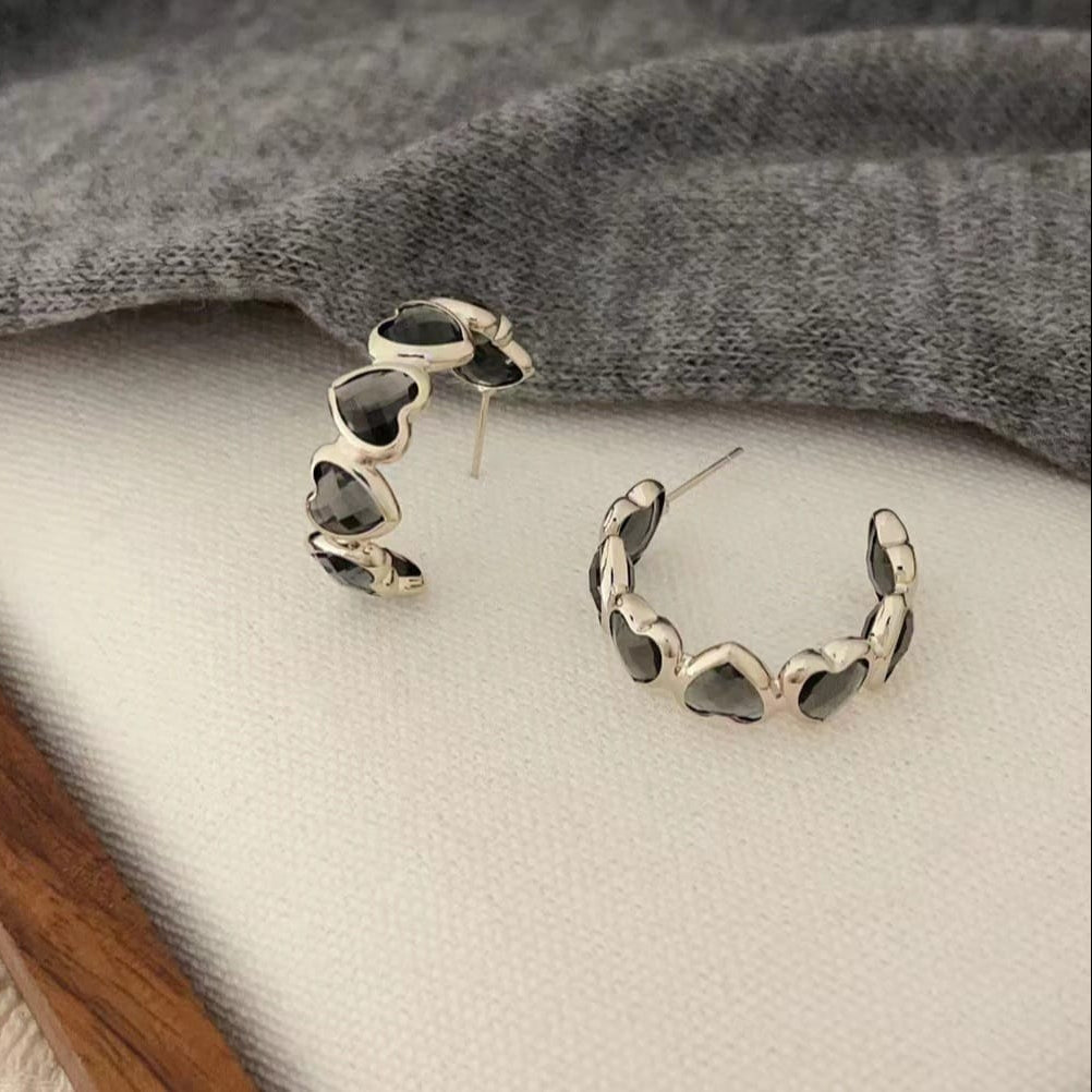 Graphite Heart Crystal Hoop Earrings