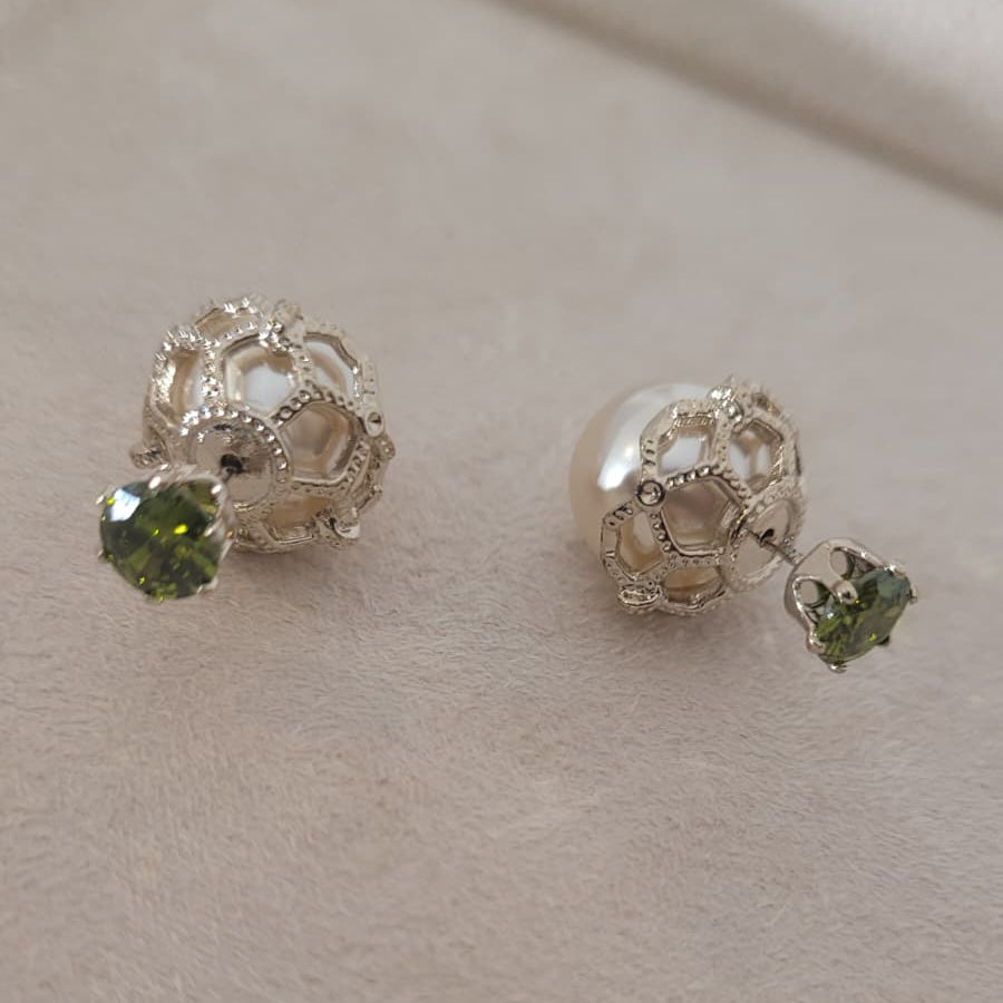 Light Gold Caged Pearl & Green Jewel Double Studs | 3-in-1 Wear