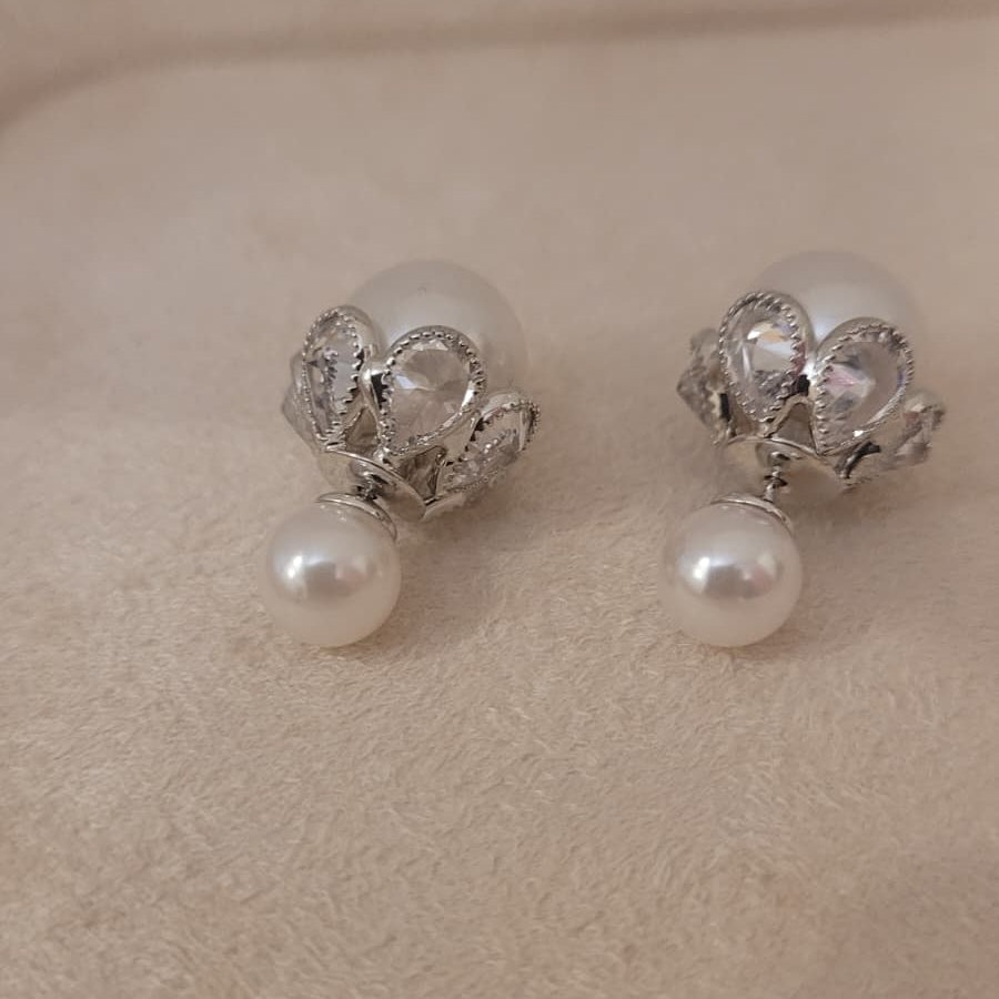 Fine Work Crystal Petal &amp; Double Pearl Drop Earrings | Multi-Wear Elegance