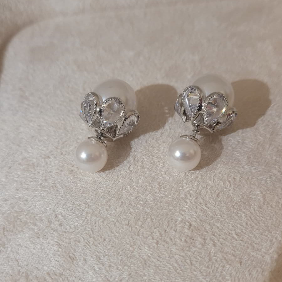 Fine Work Crystal Petal &amp; Double Pearl Drop Earrings | Multi-Wear Elegance