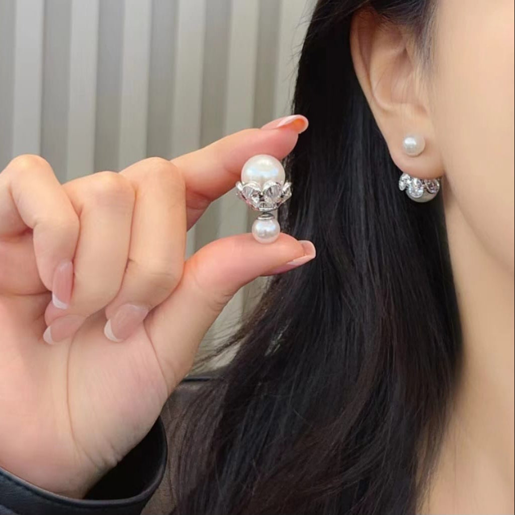 Fine Work Crystal Petal &amp; Double Pearl Drop Earrings | Multi-Wear Elegance