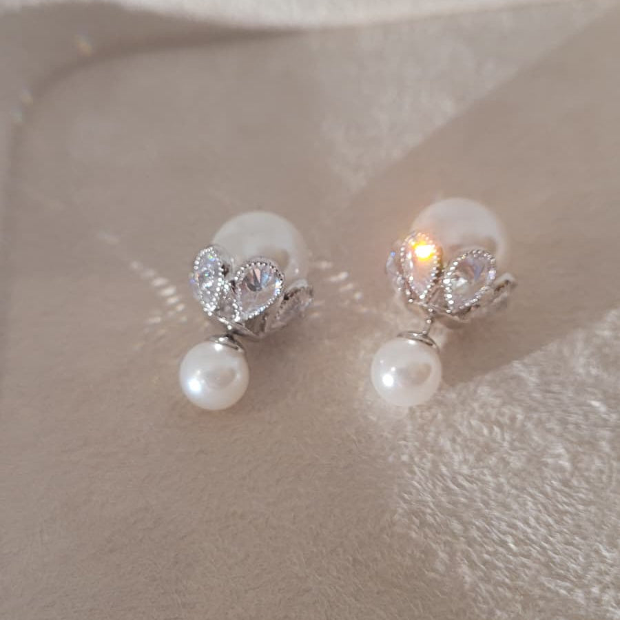 Fine Work Crystal Petal &amp; Double Pearl Drop Earrings | Multi-Wear Elegance