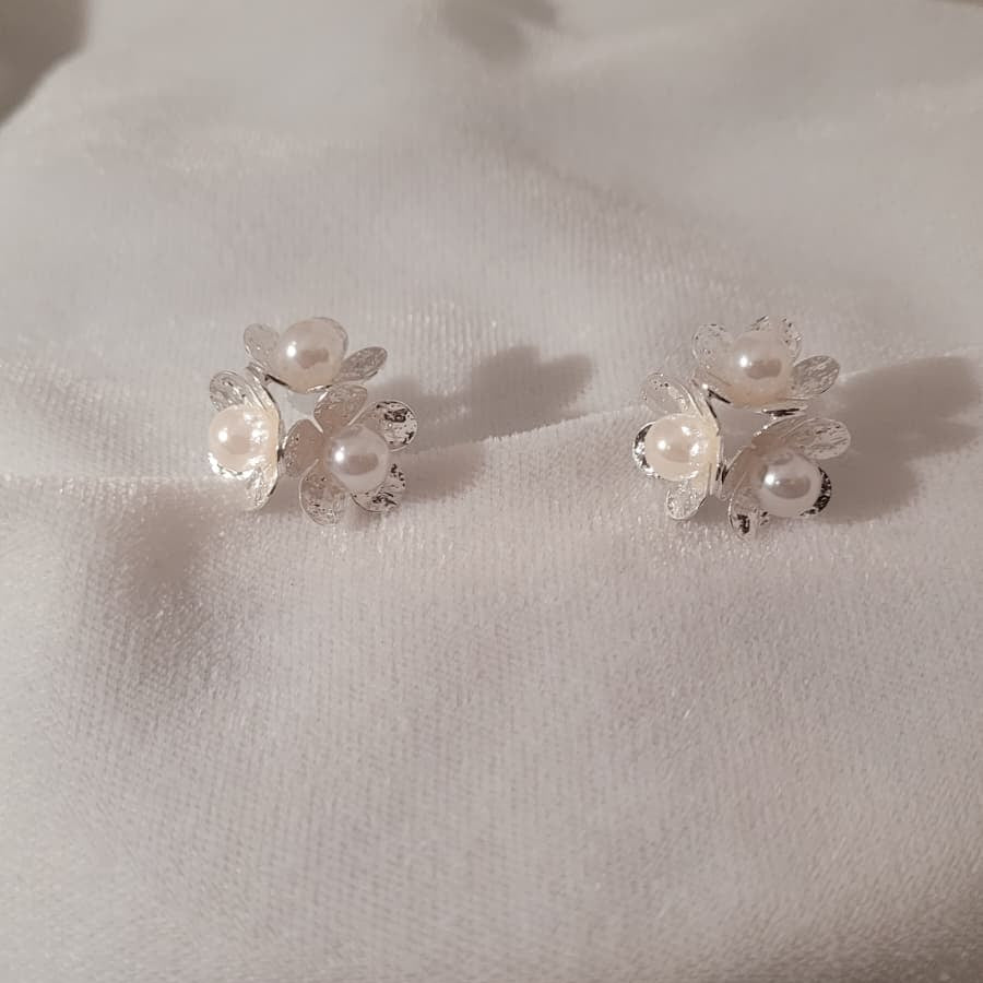 Silver & Pearl Flower Cluster Earrings