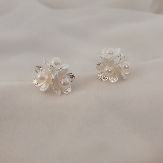 Silver & Pearl Flower Cluster Earrings
