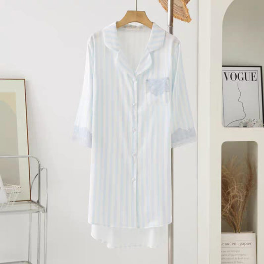 Sky Blue Stripe Silk Sleep Shirt