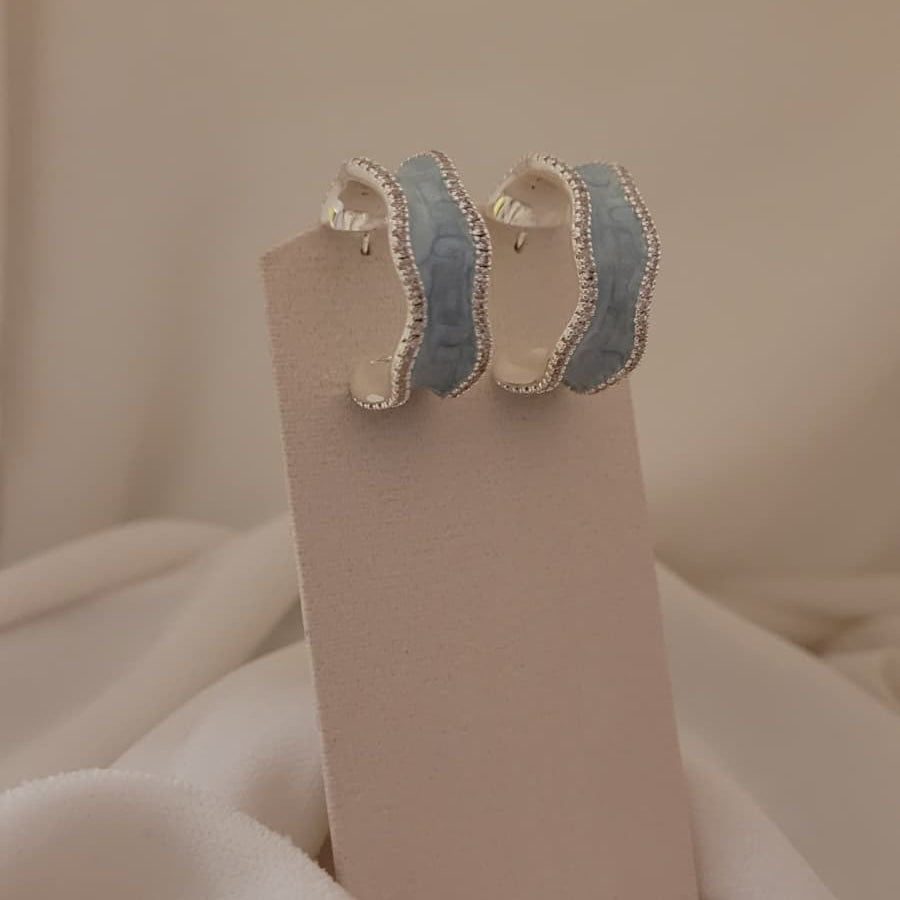 Pastel Blue Enamel & Pave Crystal Wide Hoop Earrings