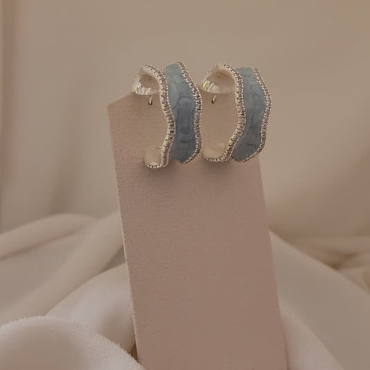 Pastel Blue Enamel & Pave Crystal Wide Hoop Earrings