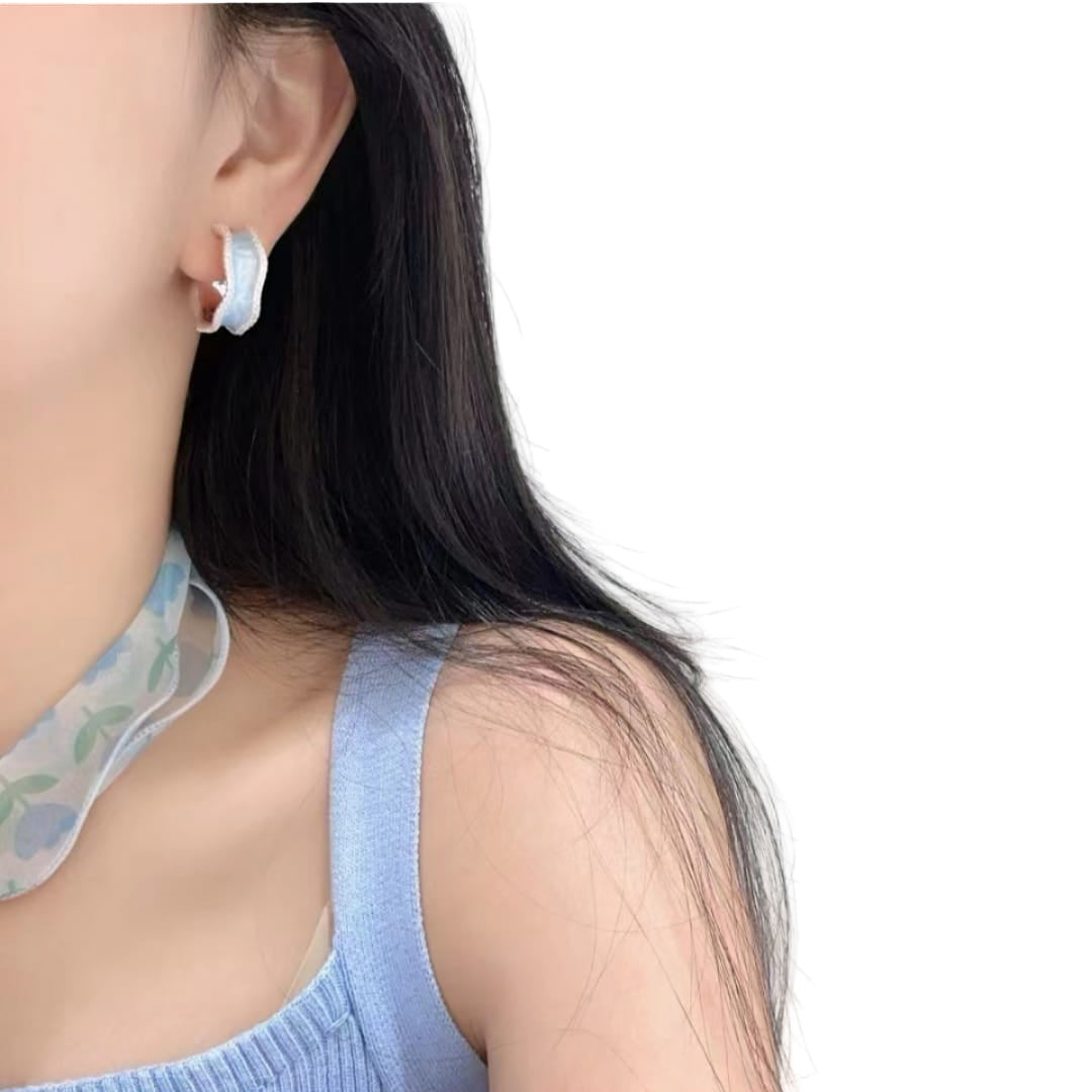 Pastel Blue Enamel & Pave Crystal Wide Hoop Earrings