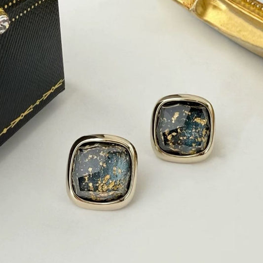 Cosmic Blue & Gold Flake Square Stud Earrings