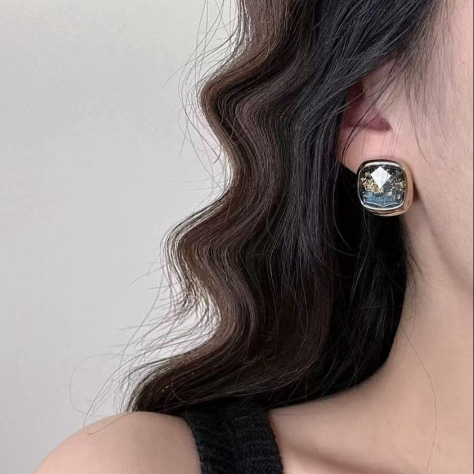 Cosmic Blue & Gold Flake Square Stud Earrings