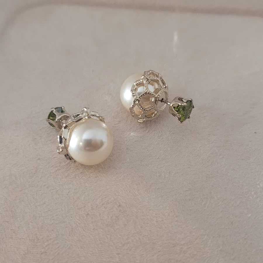 Light Gold Caged Pearl & Green Jewel Double Studs | 3-in-1 Wear