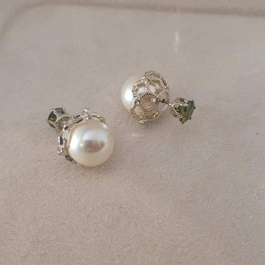 Light Gold Caged Pearl & Green Jewel Double Studs | 3-in-1 Wear