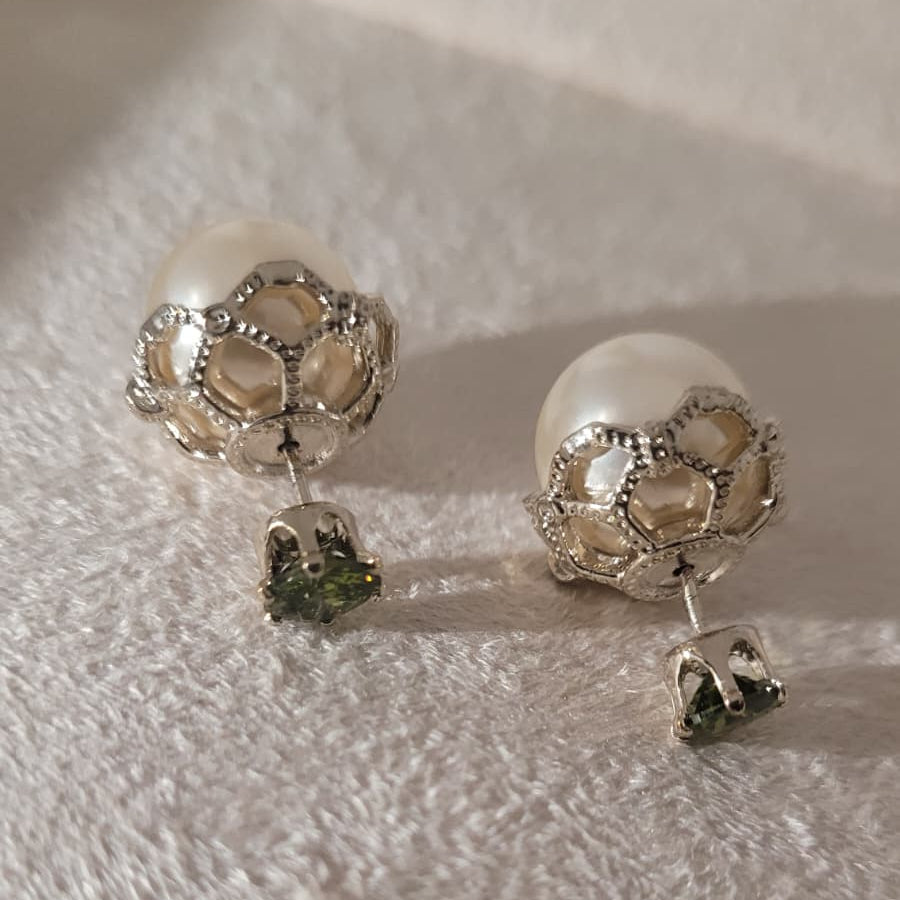 Light Gold Caged Pearl & Green Jewel Double Studs | 3-in-1 Wear