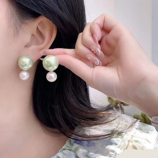 Pistachio Green & White Double Pearl Drop Earrings